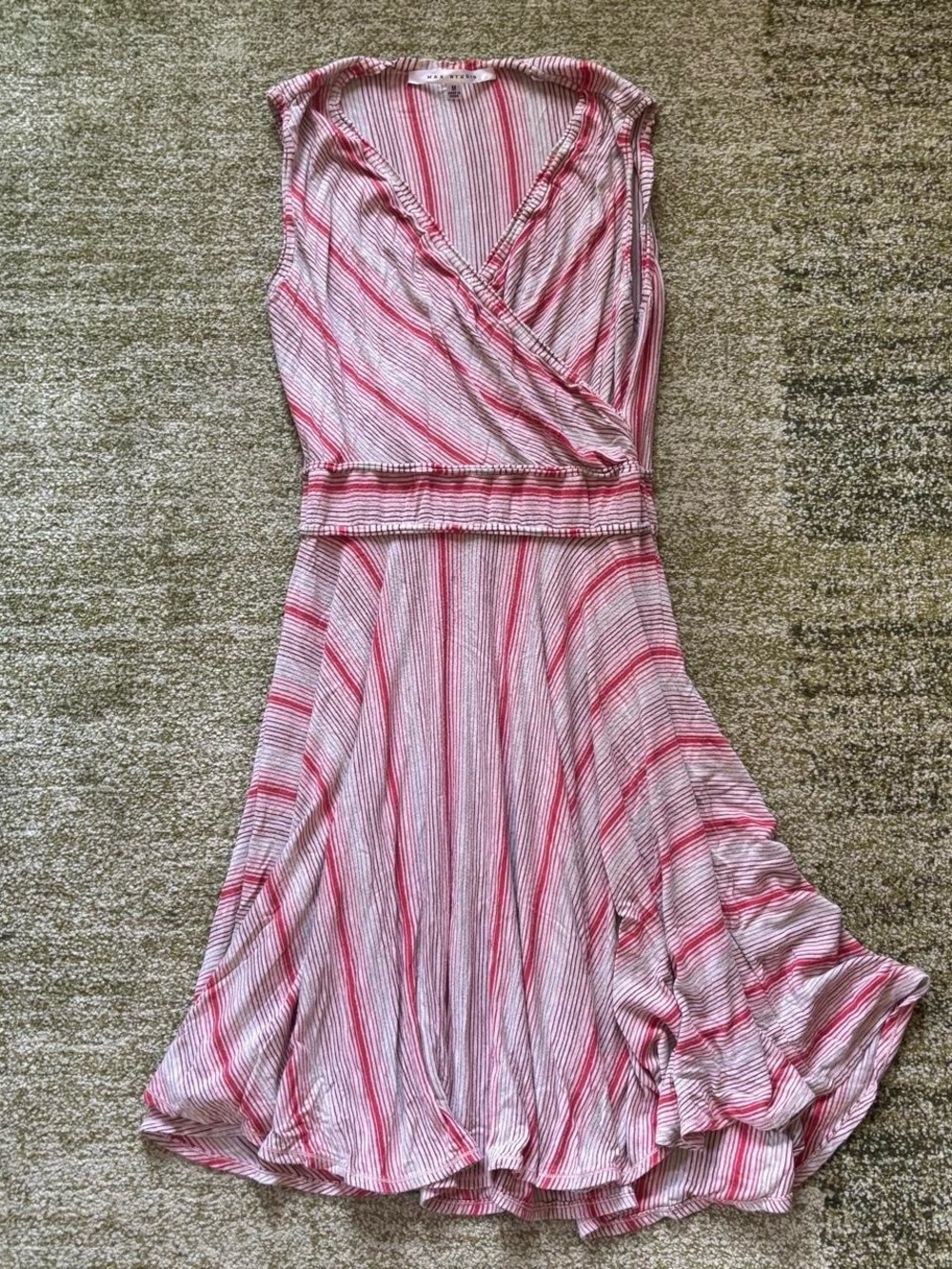 Max Studio red, grey, and beige striped surplice bodice knee length swingy dress